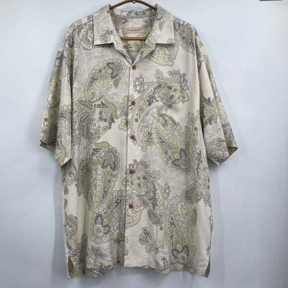 Tommy Bahama Beige Multi Floral Paisley Silk Short Sleeve Button-Up Shirt XL - Picture 1 of 8